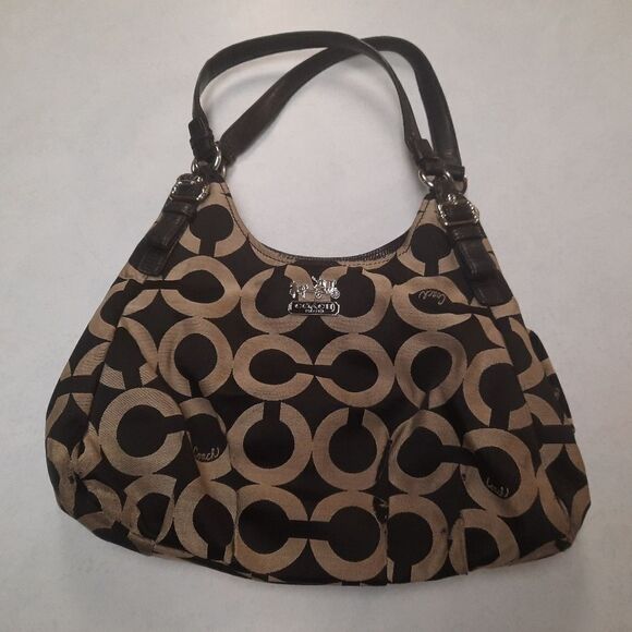 Coach Maggie Madison Op Art Signature Leather Handbag Black Gray, purple lining. - Picture 1 of 8